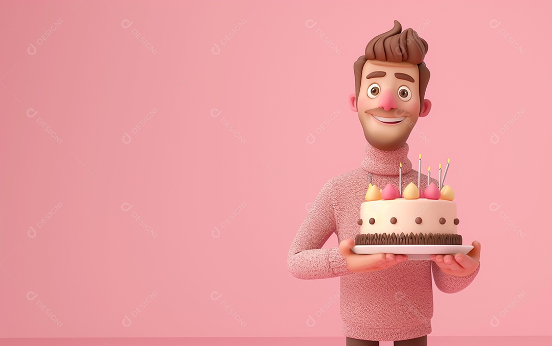 Retrato de homem 3D com bolo mostrando sobremesa em cor sólida