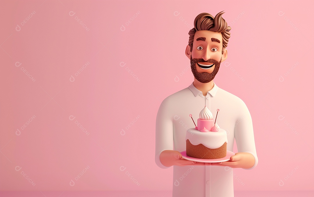 Retrato de homem 3D com bolo mostrando sobremesa em cor sólida