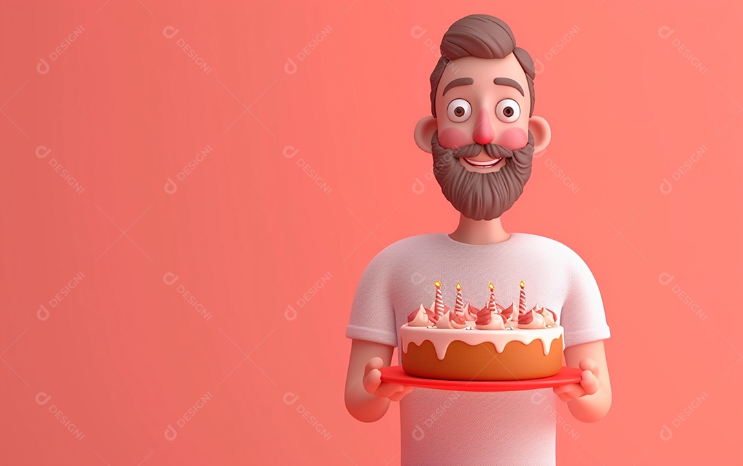 Retrato de homem 3D com bolo mostrando sobremesa em cor sólida