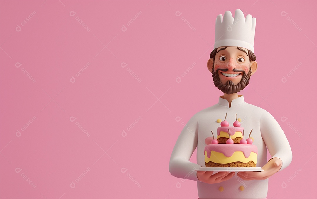 Retrato de homem 3D com bolo mostrando sobremesa em cor sólida