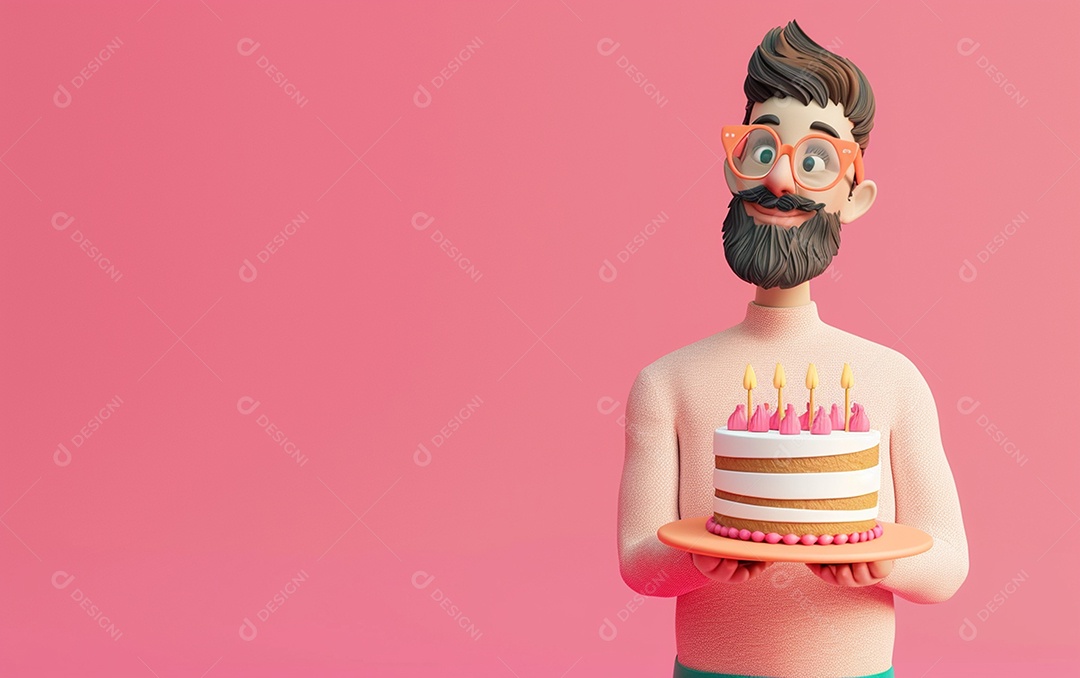 Retrato de homem 3D com bolo mostrando sobremesa em cor sólida