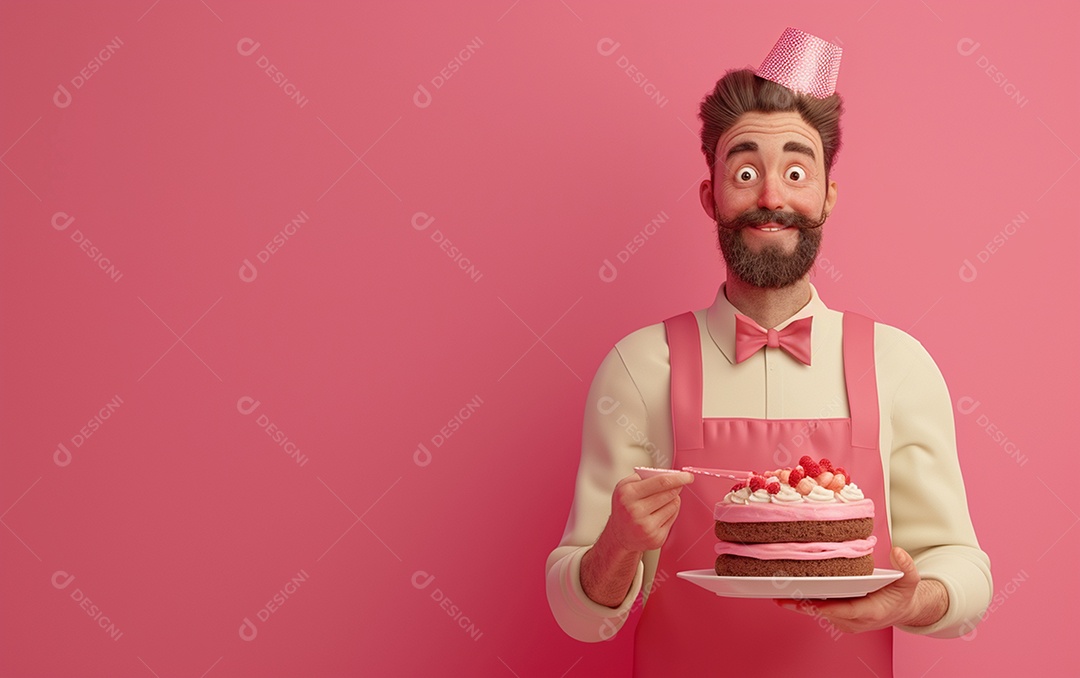 Retrato de homem 3D com bolo mostrando sobremesa em cor sólida