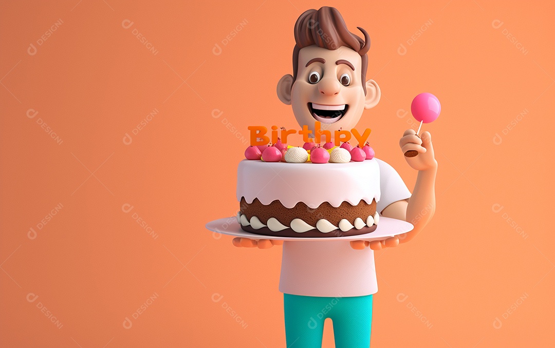 Retrato de homem 3D com bolo mostrando sobremesa em cor sólida