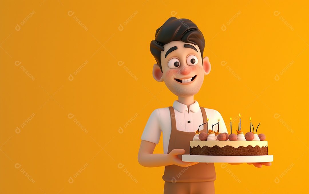 Retrato de homem 3D com bolo mostrando sobremesa em cor sólida