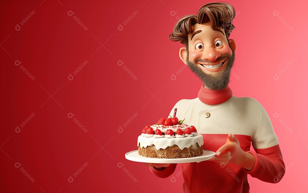 Retrato de homem 3D com bolo mostrando sobremesa em cor sólida