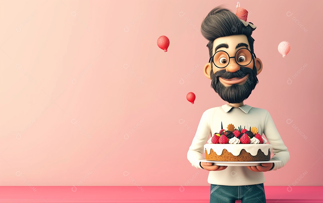 Retrato de homem 3D com bolo mostrando sobremesa em cor sólida