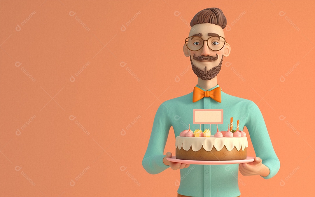 Retrato de homem 3D com bolo mostrando sobremesa em cor sólida