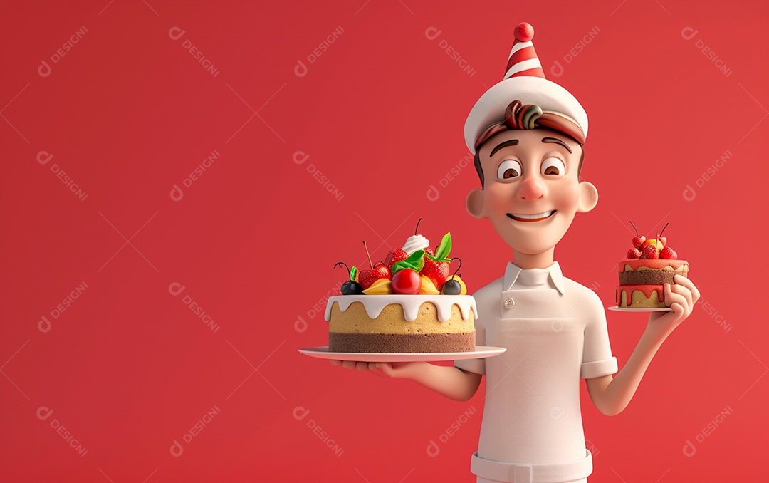 Retrato de homem 3D com bolo mostrando sobremesa em cor sólida