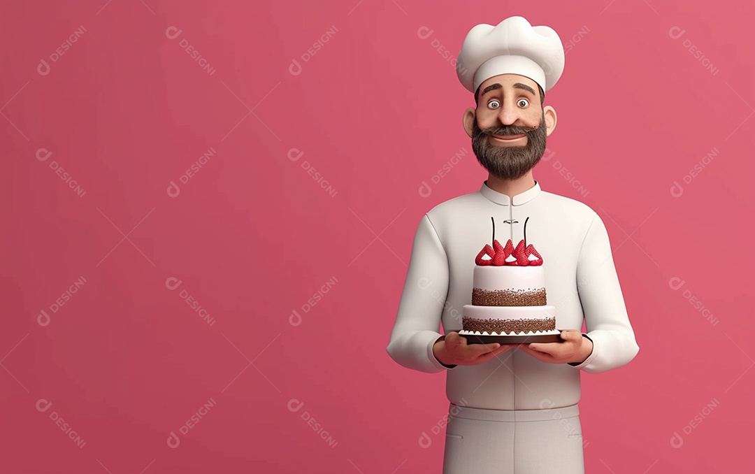 Retrato de homem 3D com bolo mostrando sobremesa em cor sólida