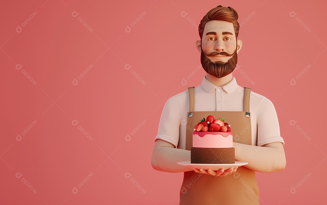 Retrato de homem 3D com bolo mostrando sobremesa em cor sólida