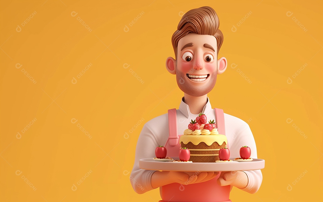 Retrato de homem 3D com bolo mostrando sobremesa em cor sólida