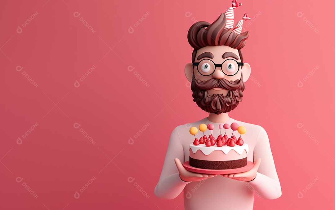 Retrato de homem 3D com bolo mostrando sobremesa em cor sólida