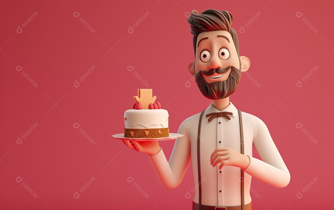 Retrato de homem 3D com bolo mostrando sobremesa em cor sólida