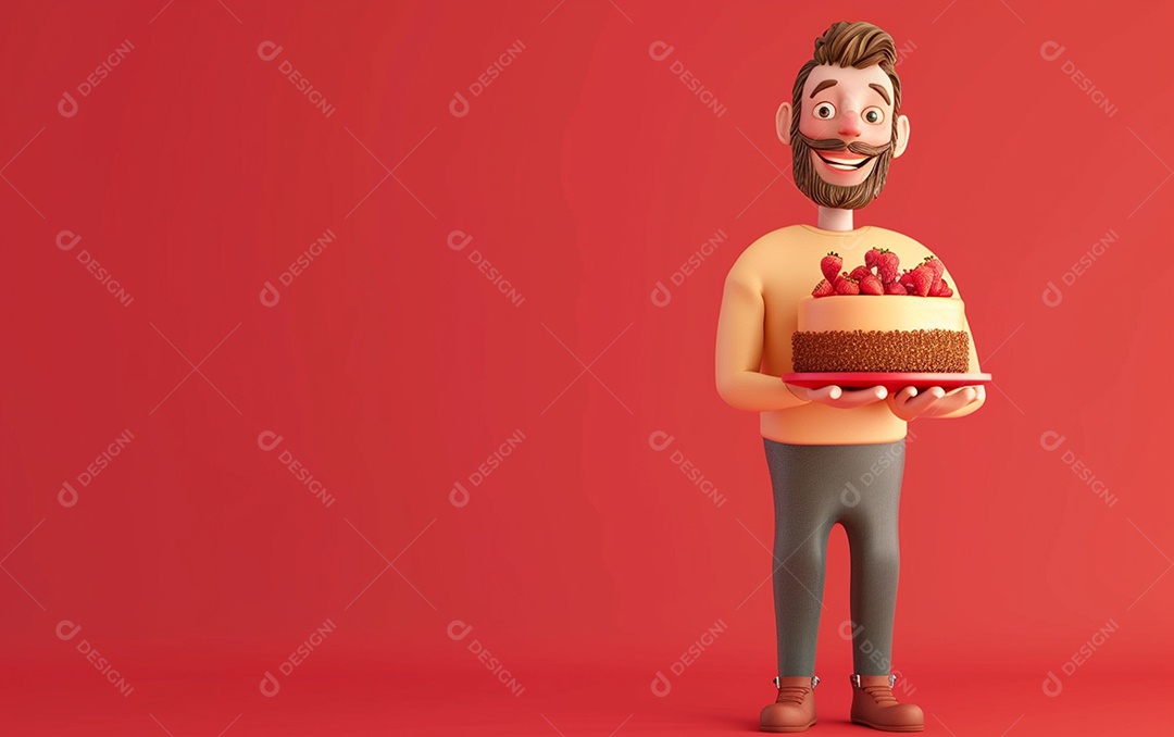 Retrato de homem 3D com bolo mostrando sobremesa em cor sólida