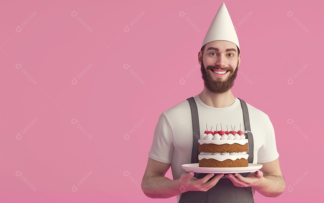 Retrato de homem 3D com bolo mostrando sobremesa em cor sólida