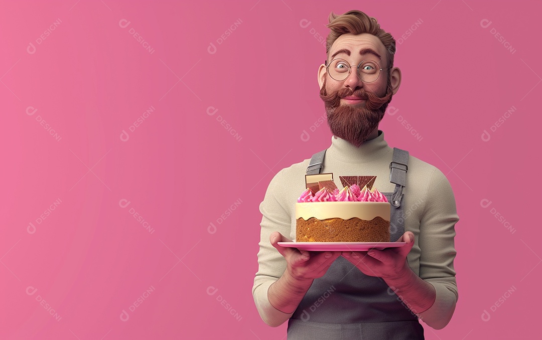 Retrato de homem 3D com bolo mostrando sobremesa em cor sólida