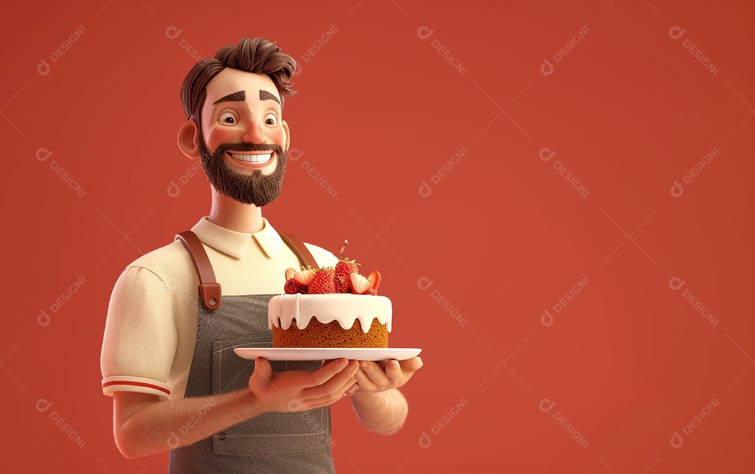 Retrato de homem 3D com bolo mostrando sobremesa em cor sólida