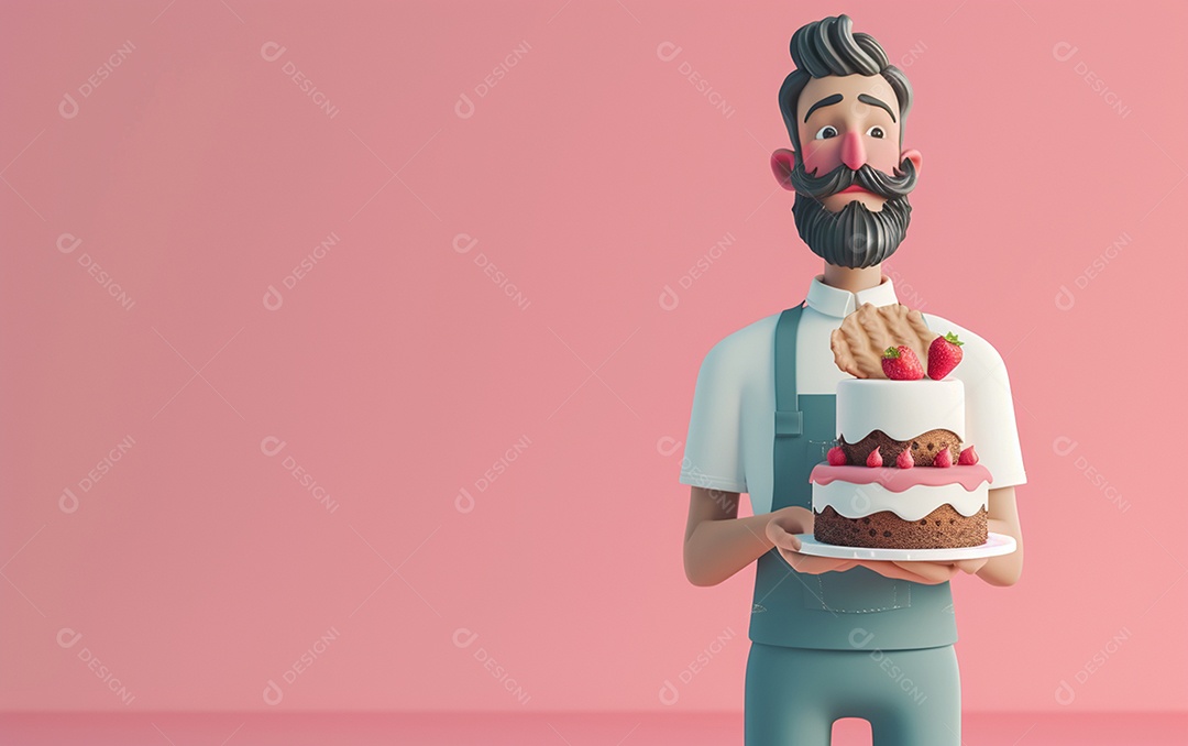 Retrato de homem 3D com bolo mostrando sobremesa em cor sólida