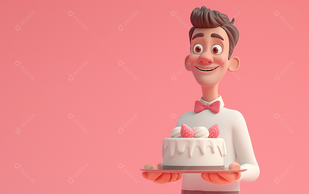 Retrato de homem 3D com bolo mostrando sobremesa em cor sólida