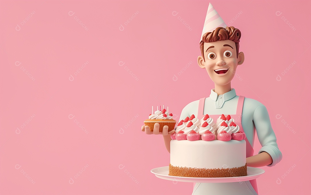 Retrato de homem 3D com bolo mostrando sobremesa em cor sólida