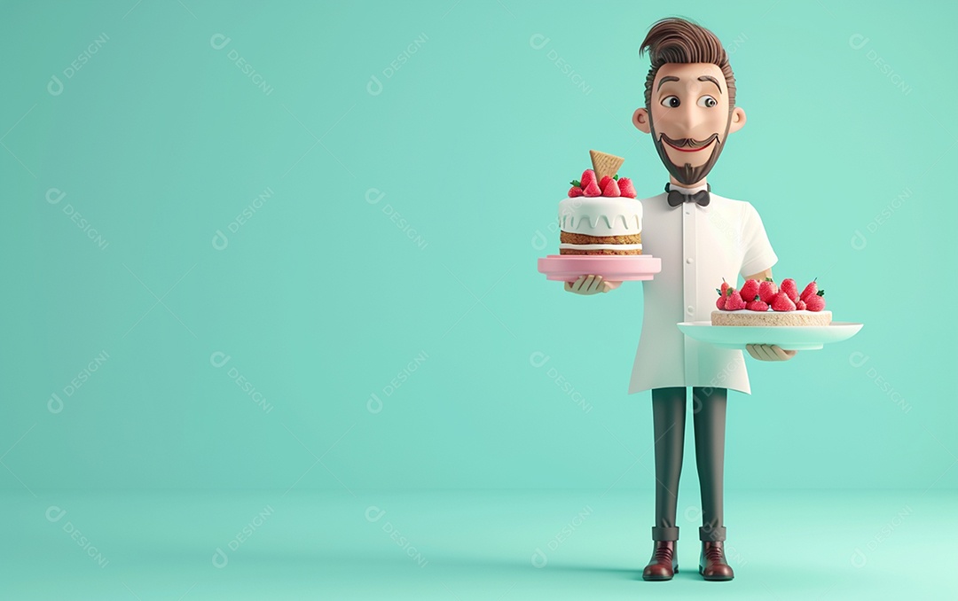 Retrato de homem 3D com bolo mostrando sobremesa em cor sólida