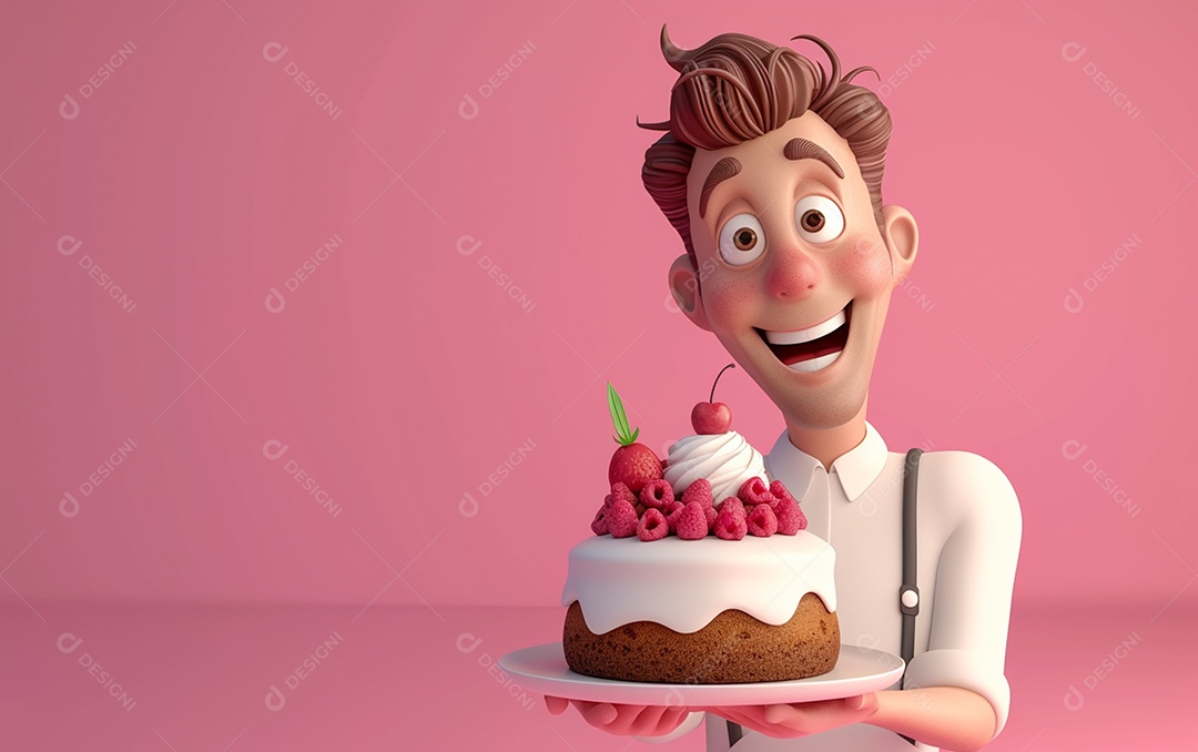 Retrato de homem 3D com bolo mostrando sobremesa em cor sólida