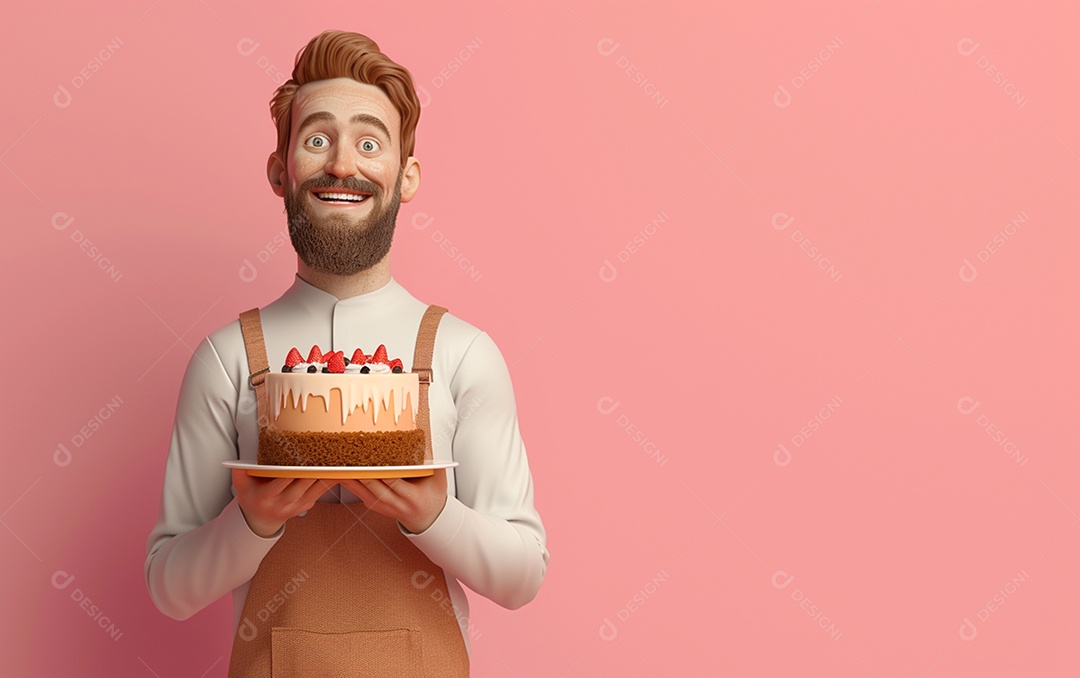 Retrato de homem 3D com bolo mostrando sobremesa em cor sólida
