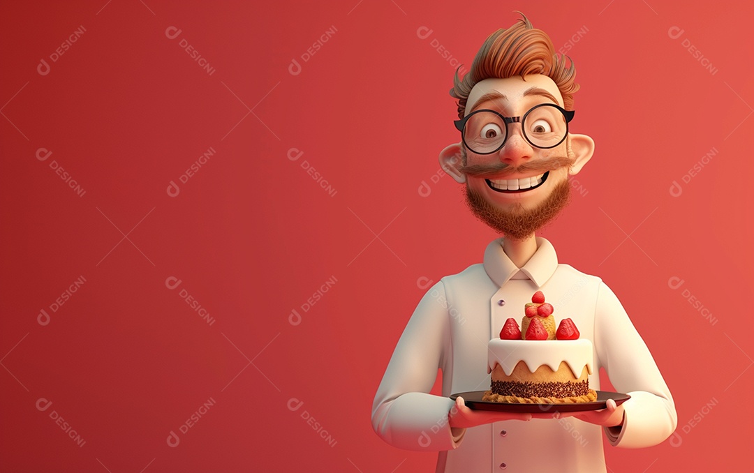 Retrato de homem 3D com bolo mostrando sobremesa em cor sólida