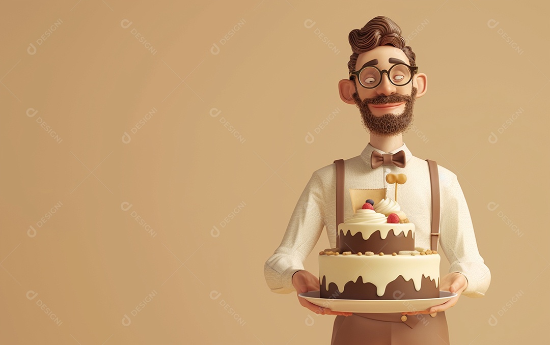 Retrato de homem 3D com bolo mostrando sobremesa em cor sólida