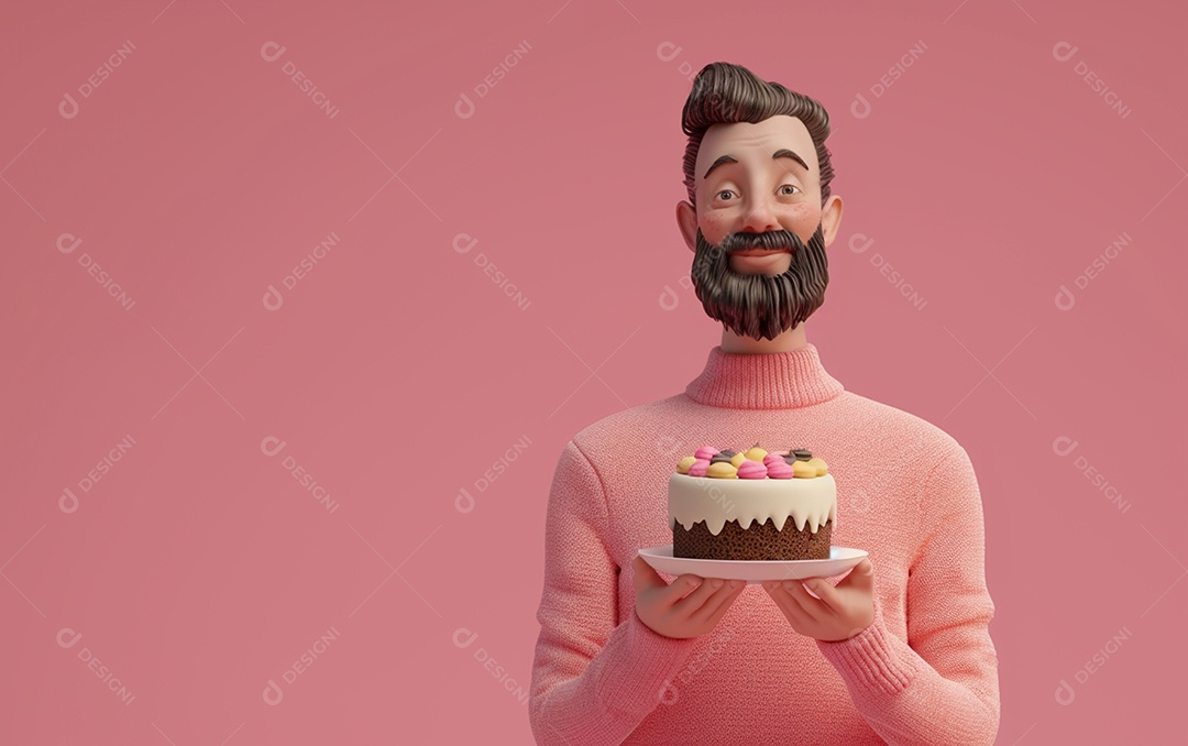 Retrato de homem 3D com bolo mostrando sobremesa em cor sólida
