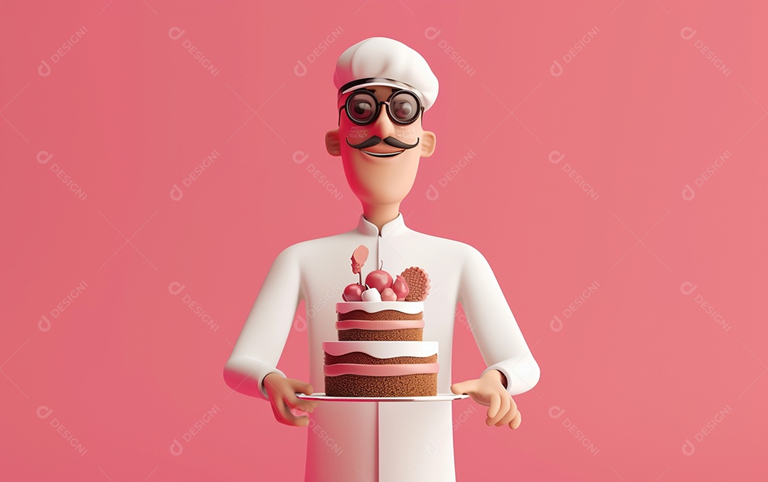 Retrato de homem 3D com bolo mostrando sobremesa em cor sólida