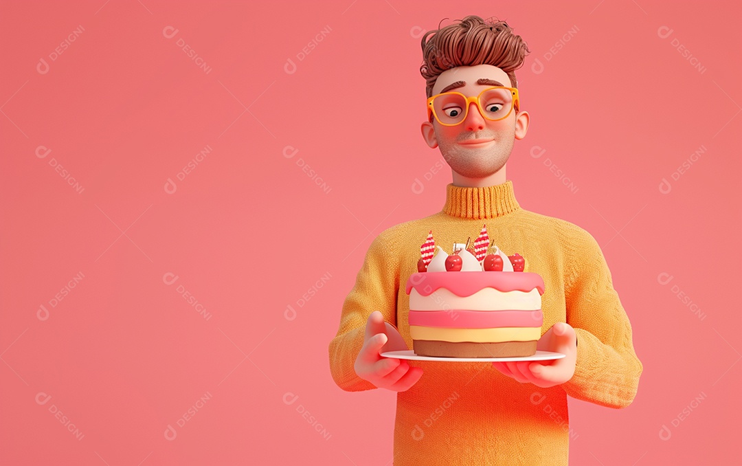 Retrato de homem 3D com bolo mostrando sobremesa em cor sólida