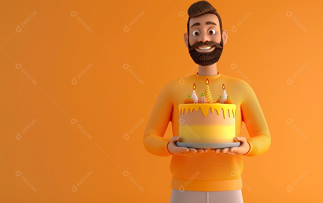 Retrato de homem 3D com bolo mostrando sobremesa em cor sólida