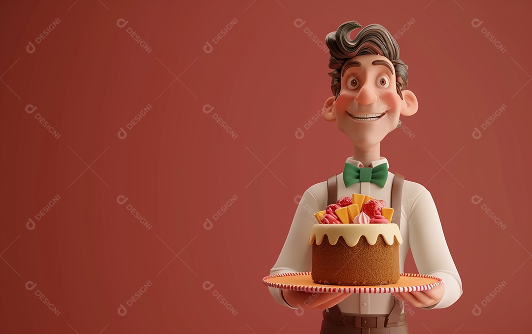 Retrato de homem 3D com bolo mostrando sobremesa em cor sólida