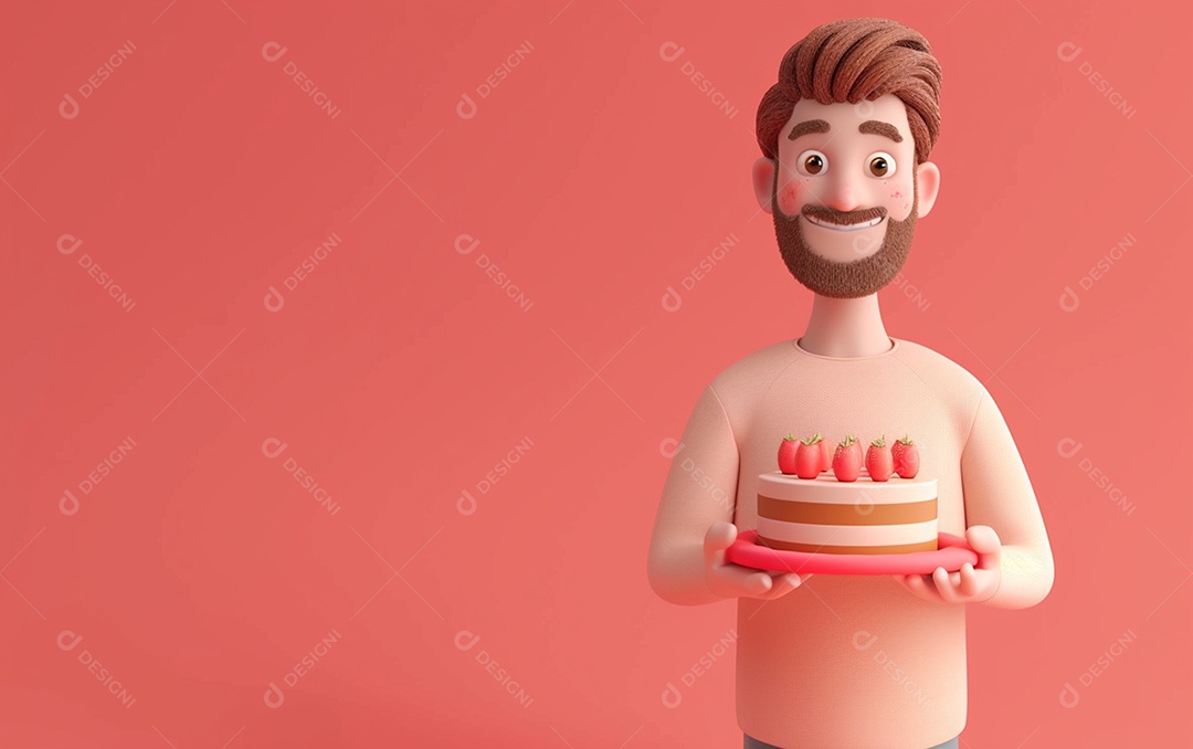 Retrato de homem 3D com bolo mostrando sobremesa em cor sólida