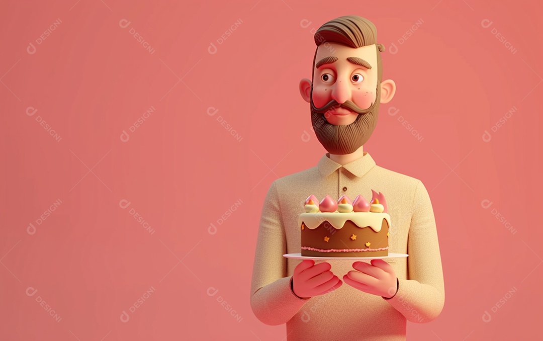 Retrato de homem 3D com bolo mostrando sobremesa em cor sólida