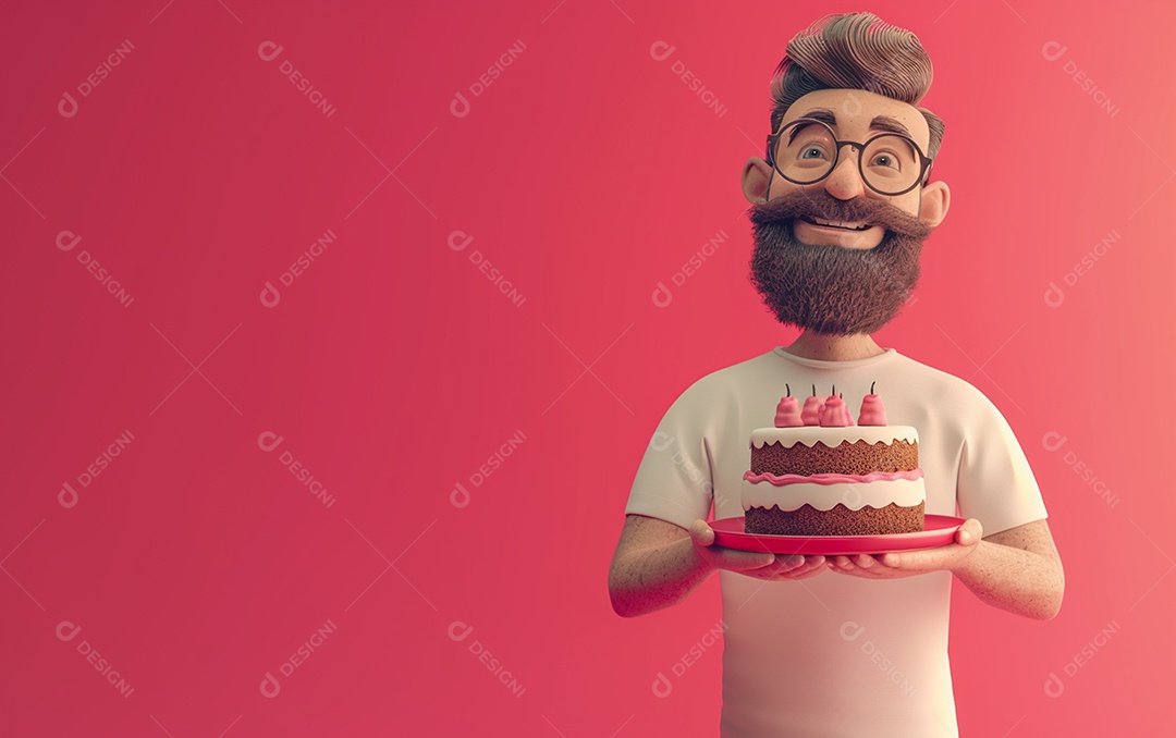 Retrato de homem 3D com bolo mostrando sobremesa em cor sólida