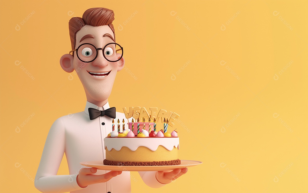 Retrato de homem 3D com bolo mostrando sobremesa em cor sólida