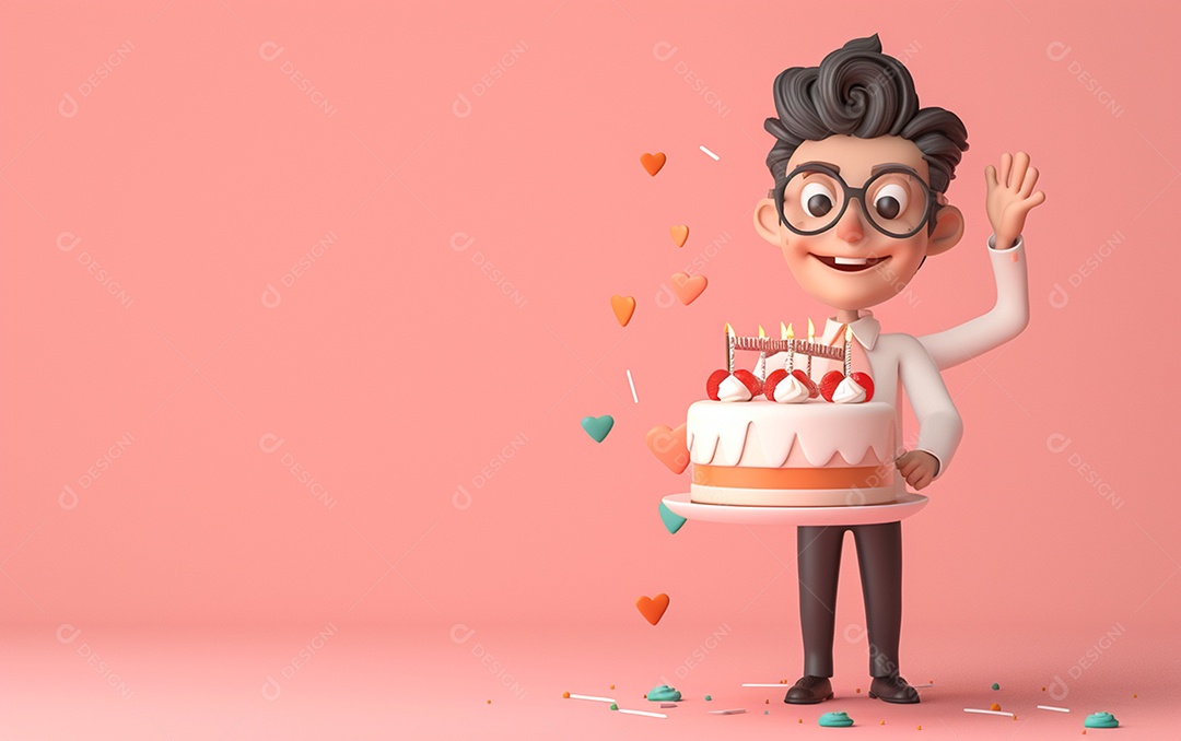 Retrato de homem 3D com bolo mostrando sobremesa em cor sólida