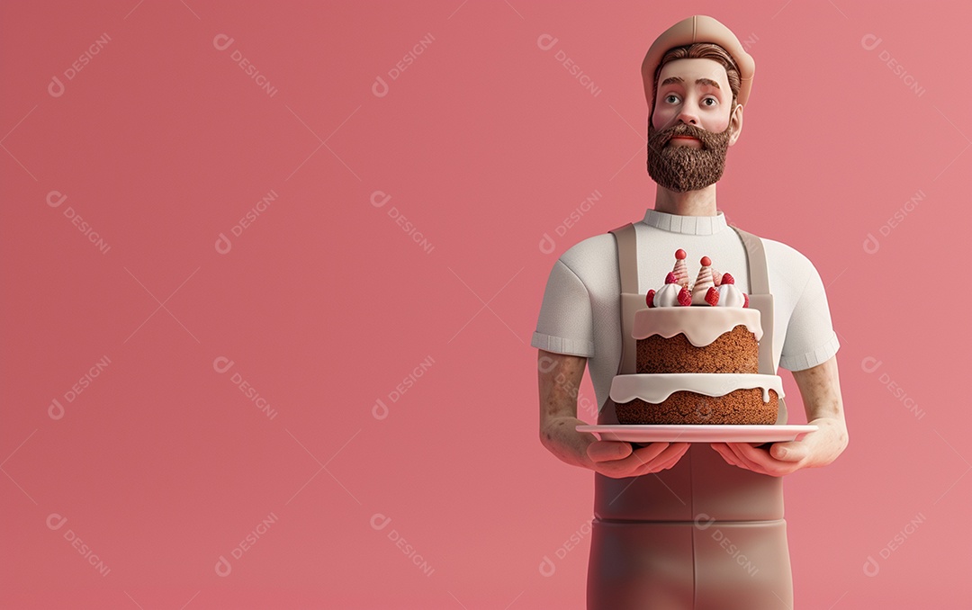 Retrato de homem 3D com bolo mostrando sobremesa em cor sólida