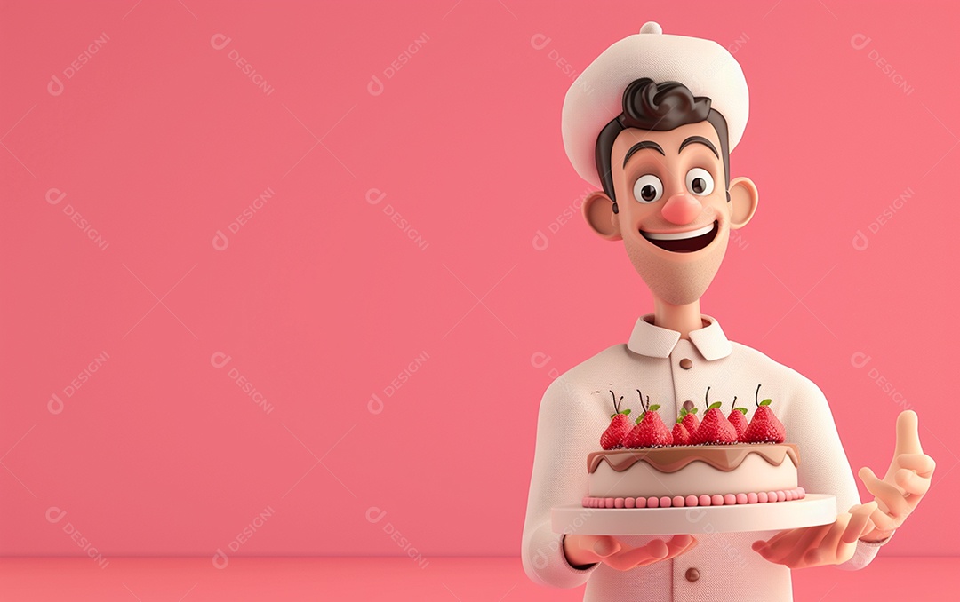 Retrato de homem 3D com bolo mostrando sobremesa em cor sólida