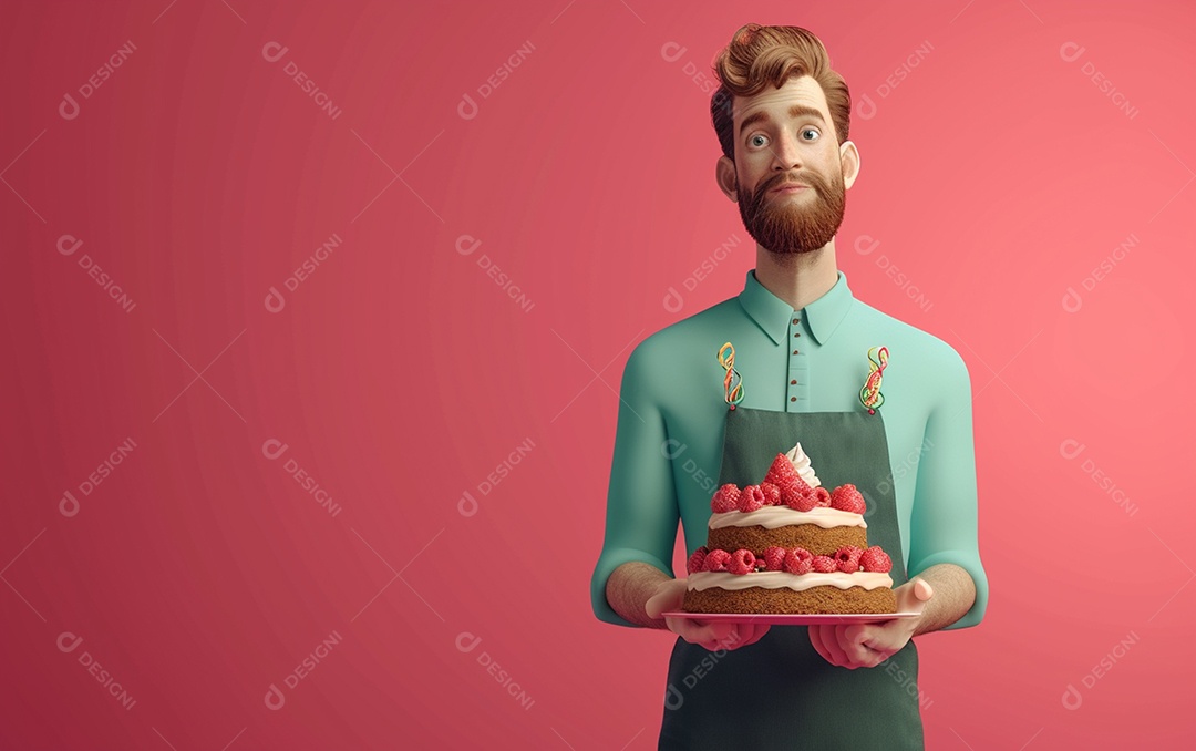 Retrato de homem 3D com bolo mostrando sobremesa em cor sólida