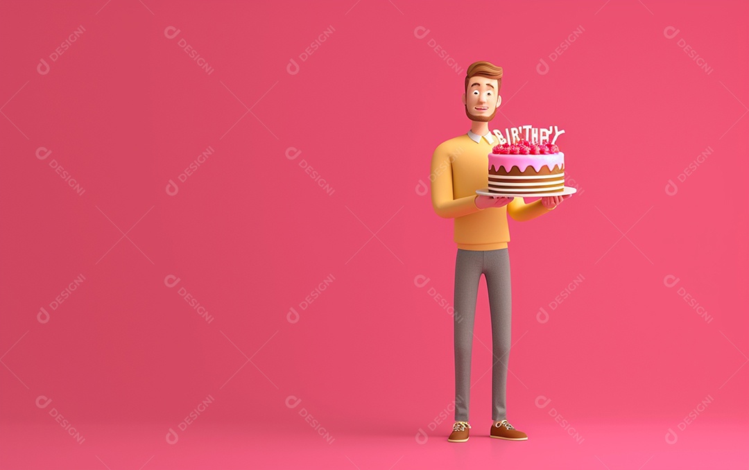 Retrato de homem 3D com bolo mostrando sobremesa em cor sólida