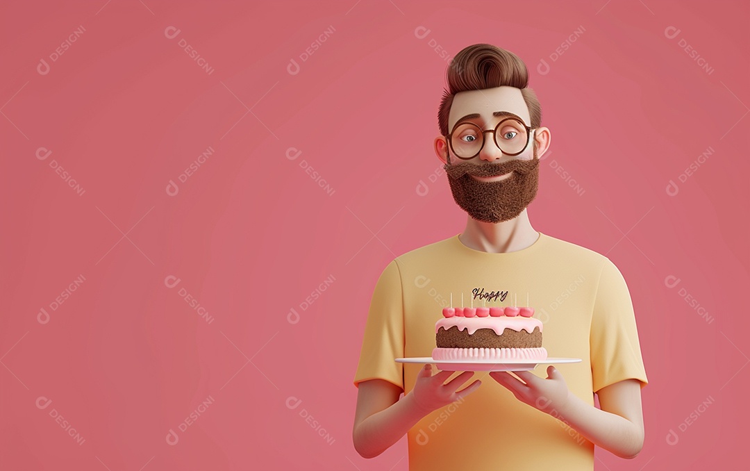 Retrato de homem 3D com bolo mostrando sobremesa em cor sólida