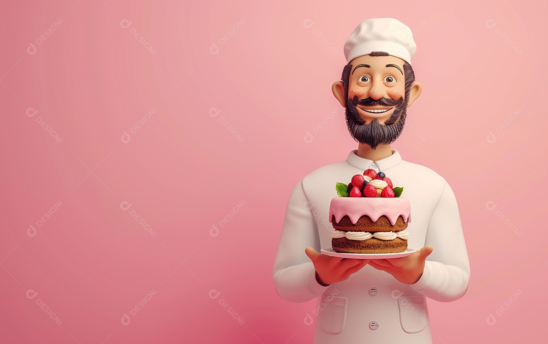 Retrato de homem 3D com bolo mostrando sobremesa em cor sólida