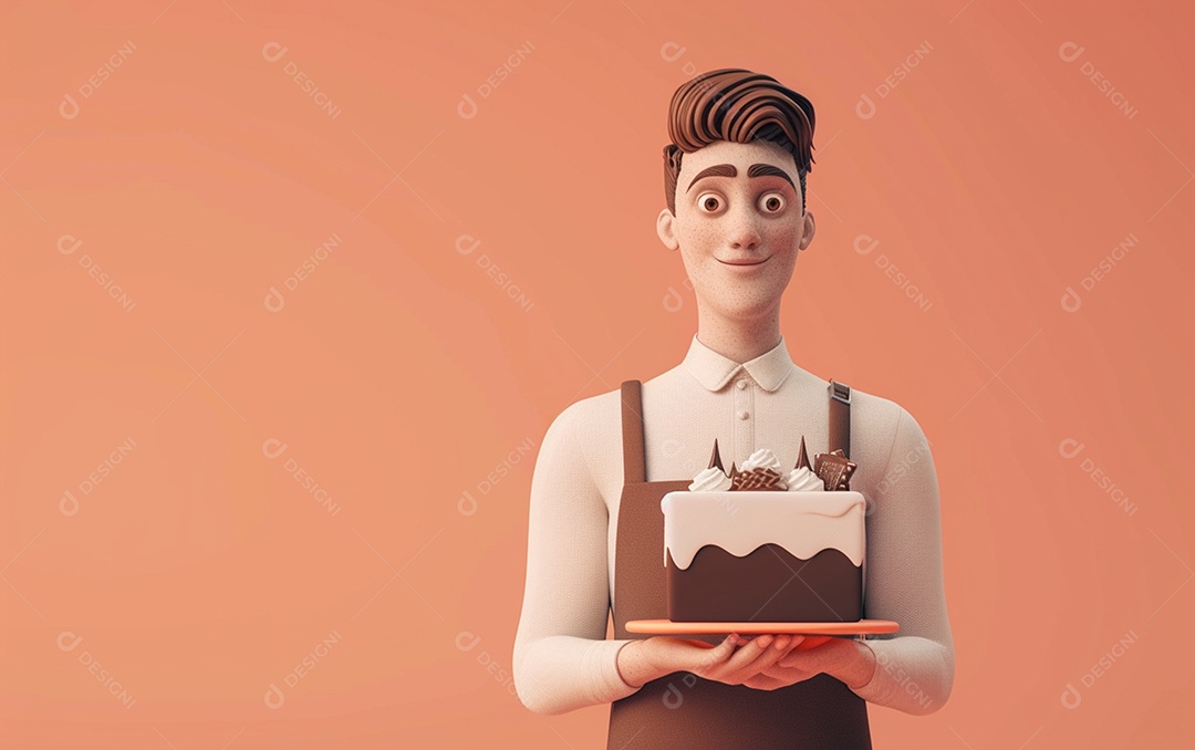 Retrato de homem 3D com bolo mostrando sobremesa em cor sólida
