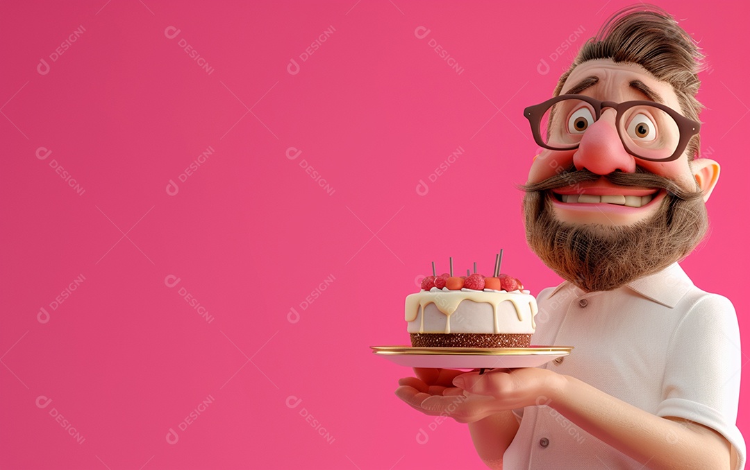 Retrato de homem 3D com bolo mostrando sobremesa em cor sólida