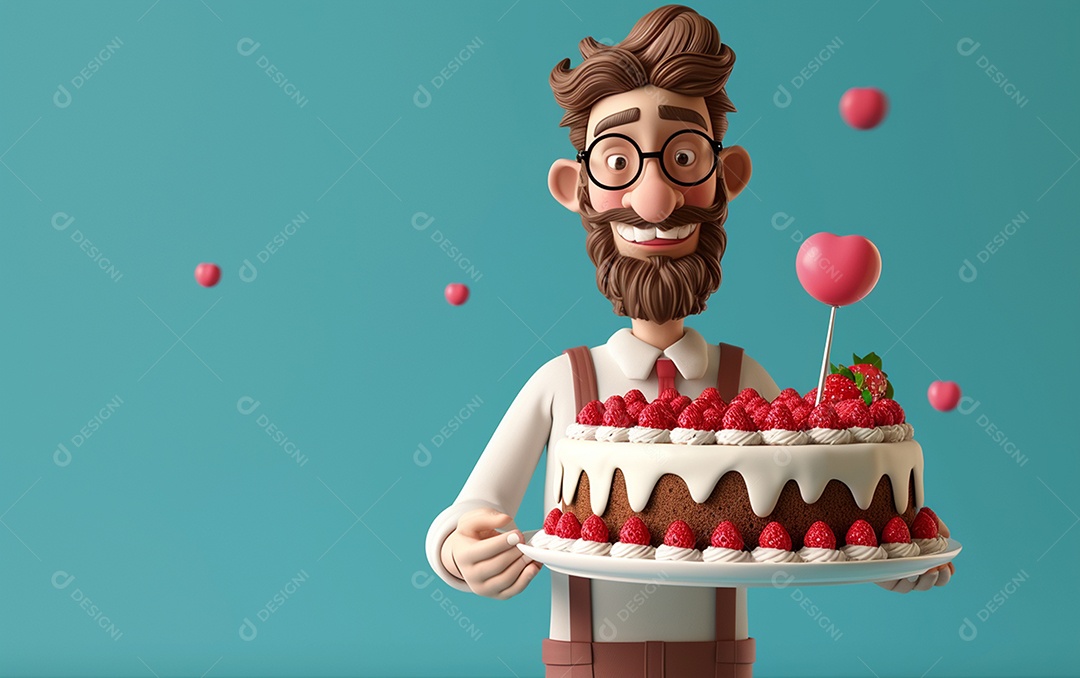 Retrato de homem 3D com bolo mostrando sobremesa em cor sólida