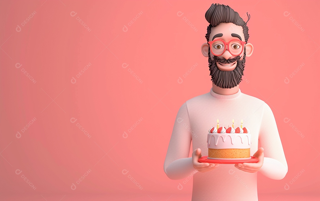 Retrato de homem 3D com bolo mostrando sobremesa em cor sólida