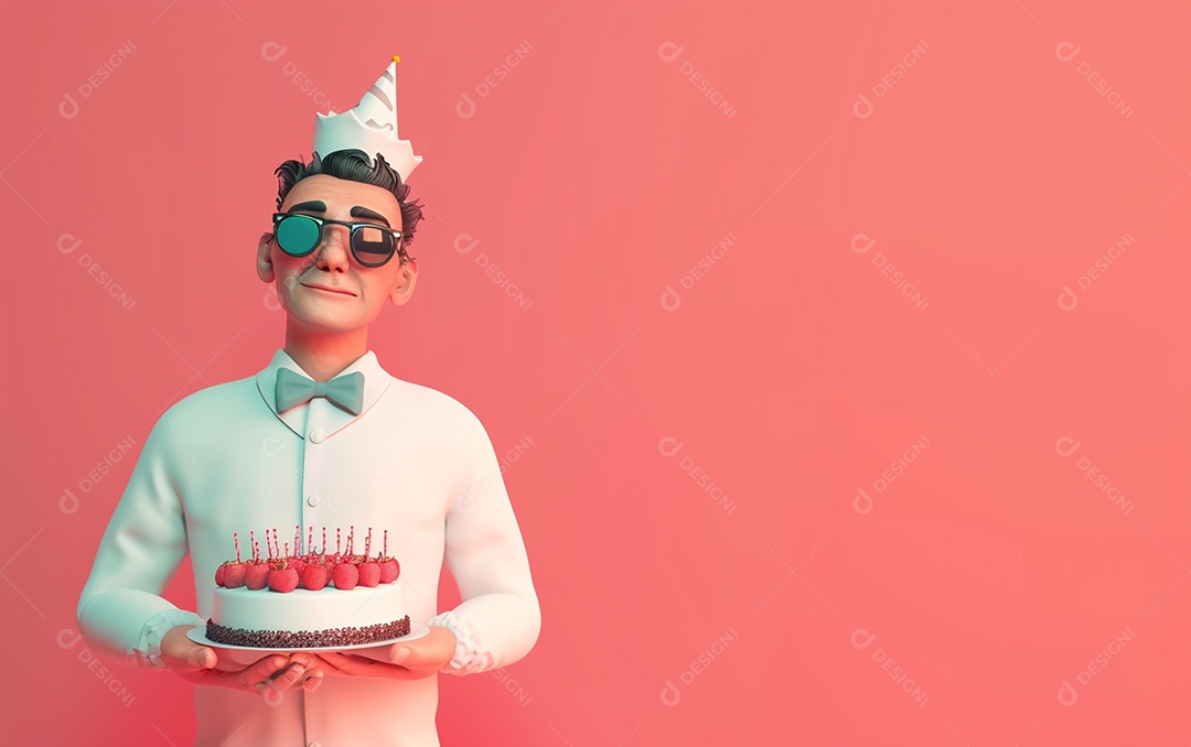 Retrato de homem 3D com bolo mostrando sobremesa em cor sólida